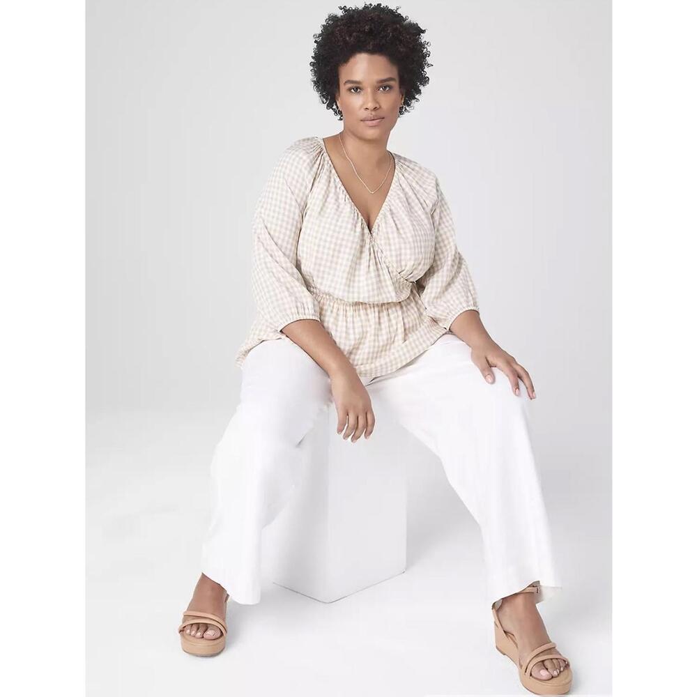 Lane Bryant Cream Plaid V-Neck Wrap Blouse